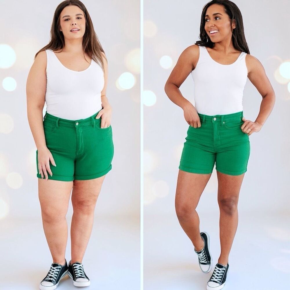 Judy Blue Shorts Green High Rise Tummy Control Cuffed Garment Dyed Stretch Denim - Picture 14 of 16